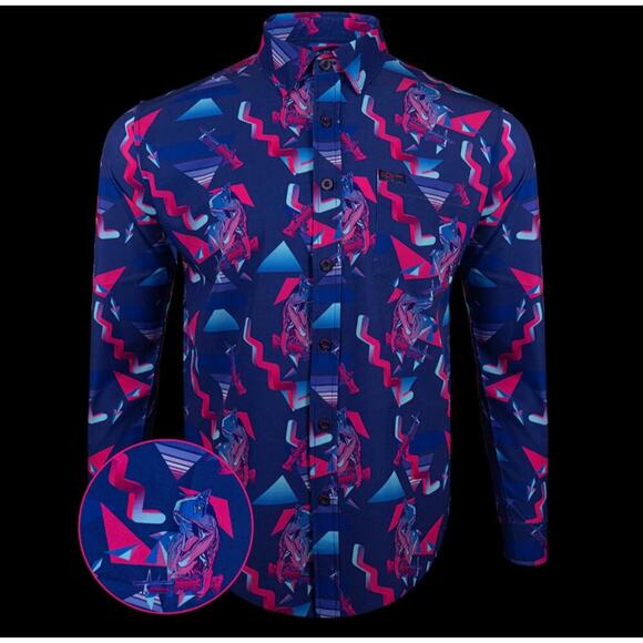 Retro Riffle Prehistoric Blue Long Sleeve Dinosaur Button Front Shirt Mens 2XL - Picture 1 of 15